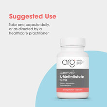 White bottle with gray and red label showing L-Methylfolate 5 mg by Allergy Research Group, 30 vegetarian capsules.