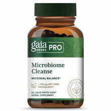 Gaia Herbs Pro Microbiome Cleanse bottle with green cap containing black liquid phyto-capsules.