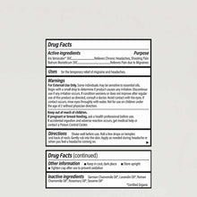 Drug facts label for migraine and headache roll-on product with active ingredients, uses, warnings, and directions on white b