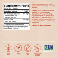Supplement Facts label for Milk Thistle Standardized capsules showing 175mg extract and 120mg Blessed Thistle per serving.