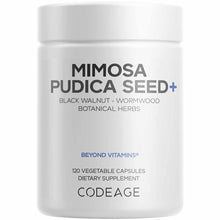 White cylindrical bottle of Mimosa Pudica Seed+ dietary supplement containing 120 vegetable capsules by Codeage.