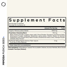 Supplement Facts label for Mimosa Pudica Seed+ capsules showing organic seed extract, cleansing blend, and BioPerine ingredie