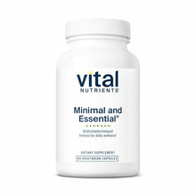 White bottle of Vital Nutrients Minimal and Essential multivitamin with white cap containing 90 vegetarian capsules.
