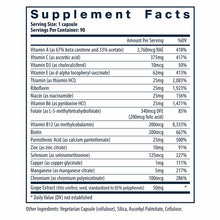 Supplement Facts label showing nutritional information for a multivitamin with vitamins A through E, B vitamins, minerals, an
