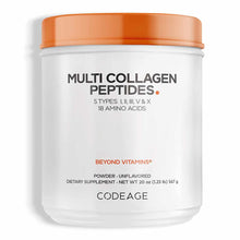 White plastic jar with orange lid containing unflavored multi collagen peptides powder, 20 oz, labeled with 5 types and 18 am