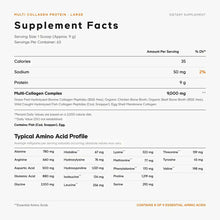 Supplement Facts label for Multi Collagen Protein showing nutrition information, serving size, and amino acid profile.