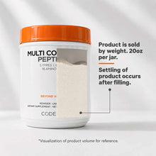 White plastic jar with orange lid containing beige collagen peptide powder, labeled Multi Collagen Pepti by Codeage.