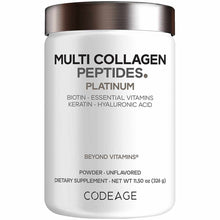 White cylindrical container with silver lid containing Multi Collagen Peptides Platinum powder dietary supplement by Codeage.