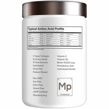 White cylindrical container with metallic silver cap displaying amino acid profile chart and product information for multi co