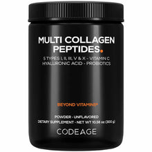 Black container of Codeage Multi Collagen Peptides powder with black screw-top lid, labeled with white text listing 5 types o
