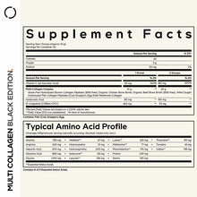 Supplement Facts label showing multi collagen peptides, probiotics, vitamin C, hyaluronic acid, and amino acid profile.