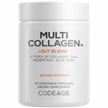 White bottle of Codeage Multi Collagen + Gut Blend containing 90 vegetable capsules with black and orange text.