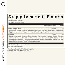 Supplement Facts label showing Multi Collagen Blend and Gut Blend ingredients with serving size of 3 capsules.