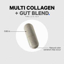 Tan capsule supplement pill measuring 0.86 inches with text indicating Multi Collagen + Gut Blend formula.