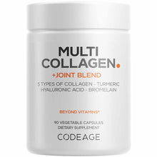 White supplement bottle labeled "Multi Collagen + Joint Blend" by Codeage containing 90 vegetable capsules.