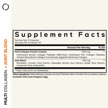 Supplement Facts label showing Multi Collagen Protein Complex and Joint Blend ingredients with serving size of 3 capsules.