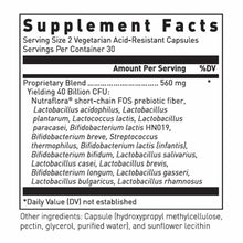 Supplement Facts label showing 40 billion CFU probiotic blend with 2 vegetarian acid-resistant capsules per serving.