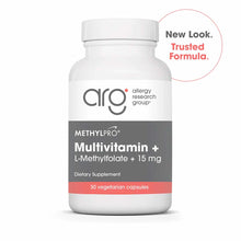 White bottle of Allergy Research Group Multivitamin with L-Methylfolate 15mg containing 30 vegetarian capsules.