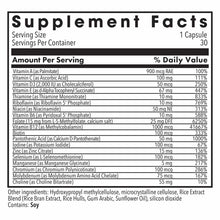 Supplement Facts label listing multivitamin ingredients including 15mg L-Methylfolate, vitamins A through E, B-complex vitami