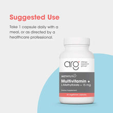 White bottle with gray and red label for Allergy Research Group Multivitamin + L-Methylfolate, containing 30 vegetarian capsu