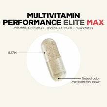 Single tan-colored multivitamin capsule measuring 0.87 inches with size reference and note about natural color variation.