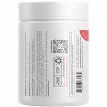 White cylindrical supplement bottle with white lid, labeled with product information, QR codes, and recycling instructions on