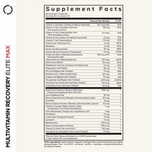 Supplement Facts label for Multivitamin Recovery Elite Max showing serving size, vitamin and mineral ingredients with amounts