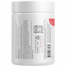 White cylindrical supplement container with white lid, product label, QR code, barcode, and red banner on front.