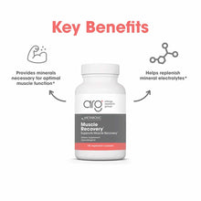 White bottle of Allergy Research Group Muscle Recovery dietary supplement with 180 vegetarian capsules and gray and coral lab