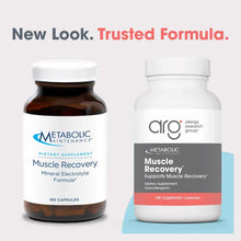 Two bottles of Muscle Recovery supplements by Allergy Research Group: dark amber bottle with white cap on left, white bottle