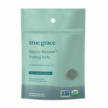 Mint-green pouch of True Grace Myco-Renew fruiting body organic mushroom blend dietary supplement with 120 vegan capsules.