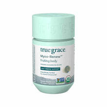 Light green cylindrical bottle of True Grace Myco-Renew organic mushroom blend dietary supplement containing 60 vegan capsule
