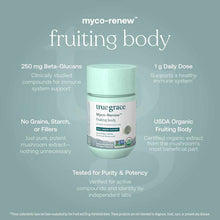 Light green bottle of True Grace Myco-Renew fruiting body supplement capsules with product information displayed on sage back
