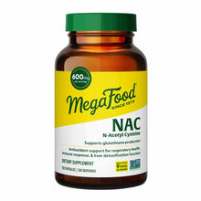 Megafood NAC N-Acetyl Cysteine supplement bottle with green cap, 600mg per serving, 120 capsules.