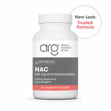 White bottle of NAC 600 mg dietary supplement by Allergy Research Group containing 60 vegetarian capsules.