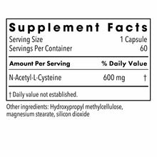 Supplement Facts label showing NAC 600 mg per capsule, 60 servings per container, with ingredient list.