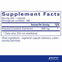 Supplement Facts label showing NAC 600 mg per capsule, 180 servings per container, with vegetarian capsule ingredients listed