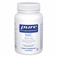 White bottle of Pure Encapsulations NAC 600 mg dietary supplement with white screw cap, containing 90 capsules.