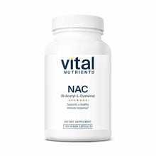 White bottle of Vital Nutrients NAC N-Acetyl-L-Cysteine dietary supplement containing 100 vegan capsules.