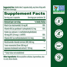 Supplement Facts label for NAD+ Boost showing ingredients including niacinamide, vitamin B6, folate, vitamin B12, and nicotin