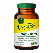 Megafood NAD+ Boost dietary supplement bottle with green cap containing 60 capsules and 30 servings.