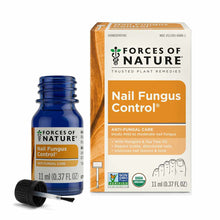 Blue glass bottle with brush applicator and cardboard box of Forces of Nature Nail Fungus Control anti-fungal treatment.