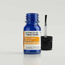 Blue glass bottle of Forces of Nature Nail Fungus Control with black brush applicator cap, 11 ml size.
