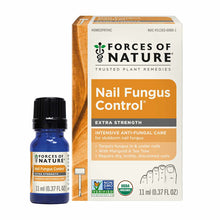Blue glass bottle with black cap and orange-labeled box of Forces of Nature Nail Fungus Control Extra Strength, 11 ml.