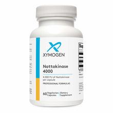 White bottle of Xymogen Nattokinase 4000 dietary supplement with blue and yellow label, containing 60 vegetarian capsules.
