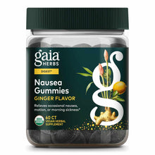 Gaia Herbs Nausea Gummies bottle with green cap containing 60 dark gummies, labeled ginger flavor vegan herbal supplement.