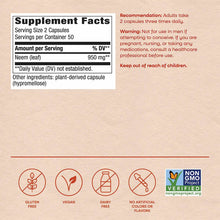 Neem leaf supplement facts label showing 950 mg per serving, plant-derived capsules, with certification badges for gluten-fre