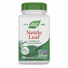 Nature's Way Nettle Leaf supplement bottle with green cap, 100 vegan capsules, 870 mg per serving, Non-GMO Project Verified.