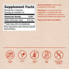 Supplement Facts label for Nettle Leaf capsules showing 870 mg per serving with vegan, gluten-free, and dairy-free certificat