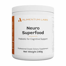 White container of Alimentum Labs Neuro Superfood dietary supplement powder, 240 grams, with orange and black text on label.